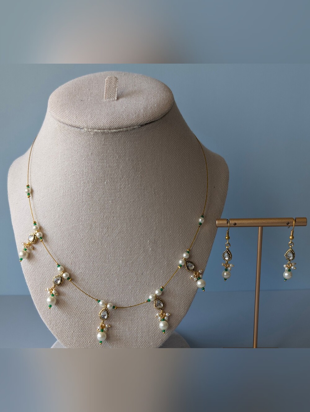 Delicate Gold Pearl & Green Bead Necklace Set
